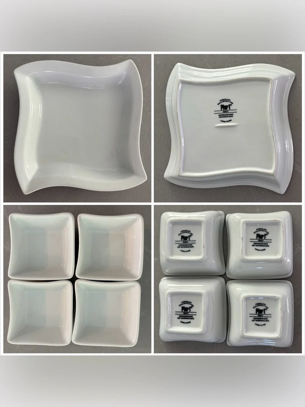 Pier 1 wavy white 5 piece serving set 8” plate/platter/tray + 4 sauce cups